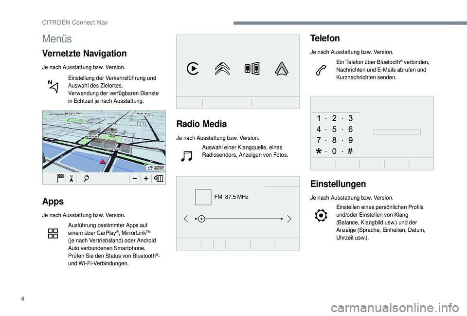 CITROEN C4 CACTUS 2019  Betriebsanleitungen (in German) 4
FM  87.5 MHz
Radio Media
Je nach Ausstattung bzw. Version.Auswahl einer Klangquelle, eines 
Radiosenders, Anzeigen von Fotos.
Telefon
Je nach Ausstattung bzw. Version.
Ein Telefon über Bluetooth
®
