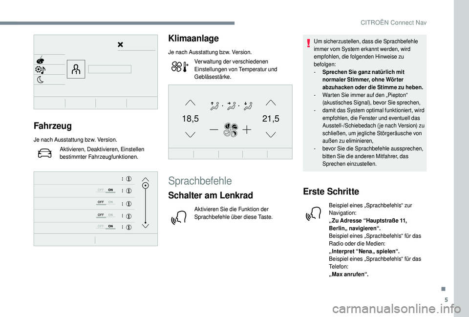CITROEN C4 CACTUS 2019  Betriebsanleitungen (in German) 5
21,518,5Fahrzeug
Je nach Ausstattung bzw. Version.Aktivieren, Deaktivieren, Einstellen 
bestimmter Fahrzeugfunktionen.
Klimaanlage
Je nach Ausstattung bzw. Version.Verwaltung der verschiedenen 
Eins