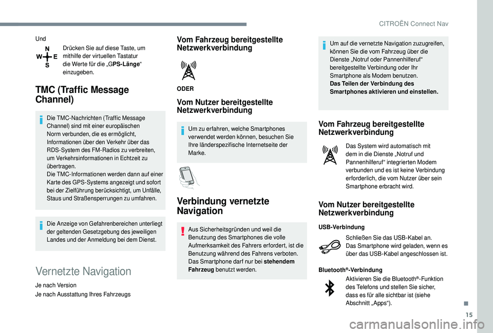 CITROEN C4 CACTUS 2019  Betriebsanleitungen (in German) 15
UndDrücken Sie auf diese Taste, um 
mithilfe der virtuellen Tastatur 
die Werte für die „G PS-Länge“ 
einzugeben.
TMC (Traffic Message 
Channel)
Die TMC-Nachrichten (Traffic Message 
Channel