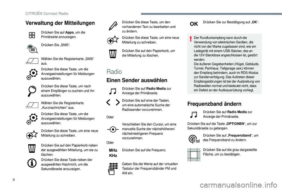 CITROEN C4 CACTUS 2019  Betriebsanleitungen (in German) 6
Verwaltung der Mitteilungen
Drücken Sie auf Apps, um die 
Primärseite anzuzeigen.
Drücken Sie „SMS“.
Wählen Sie die Registerkarte „SMS“ 
aus.
Drücken Sie diese Taste, um die 
Anzeigeein
