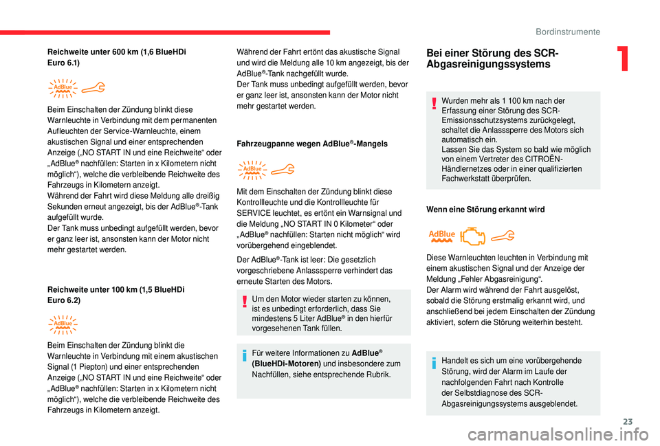 CITROEN C4 CACTUS 2019 Betriebsanleitungen (in German) 23
Reichweite unter 600 km (1,6 BlueHDi
E u r o 6 .1)
Reichweite unter 100 km (1,5 BlueHDi
E uro 6.2)
Beim Einschalten der Zündung blinkt diese
Warnleuchte in Verbindung mit dem permanenten
Auf CITROEN C4 CACTUS 2019 Betriebsanleitungen (in German) 23
Reichweite unter 600 km (1,6 BlueHDi
E u r o 6 .1)
Reichweite unter 100 km (1,5 BlueHDi
E uro 6.2)
Beim Einschalten der Zündung blinkt diese
Warnleuchte in Verbindung mit dem permanenten
Auf