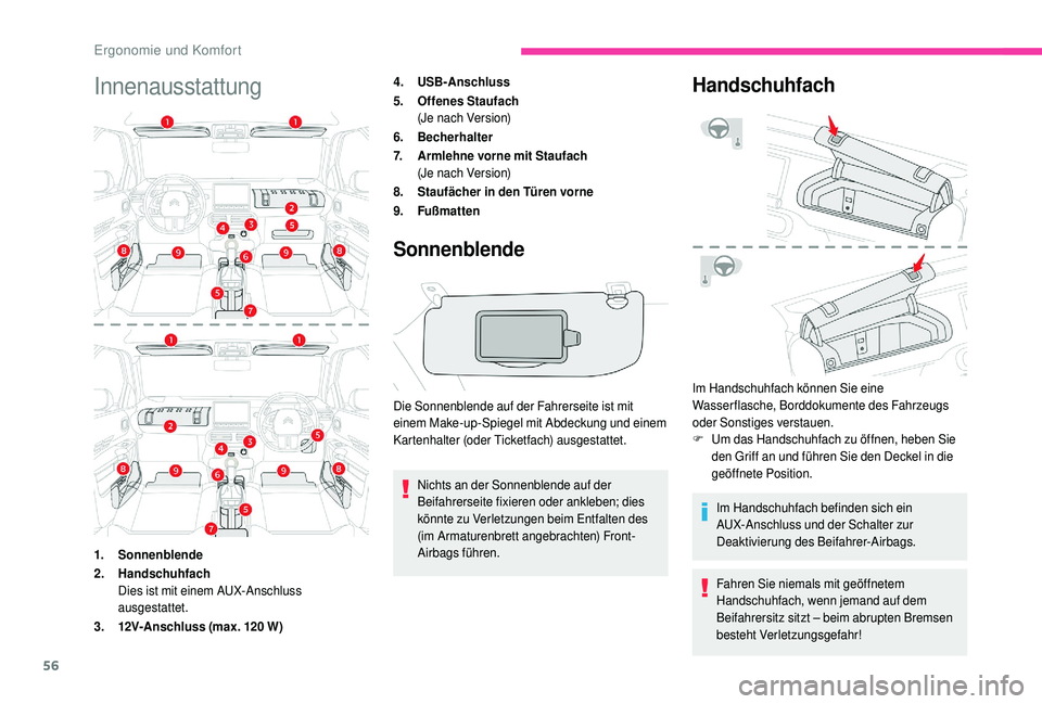 CITROEN C4 CACTUS 2019  Betriebsanleitungen (in German) 56
Innenausstattung4.USB-Anschluss
5. Offenes Staufach
(Je nach Version)
6. Becherhalter
7. Armlehne vorne mit Staufach
(Je nach Version)
8. Staufächer in den Türen vorne
9. Fußmat ten
Sonnenblende
