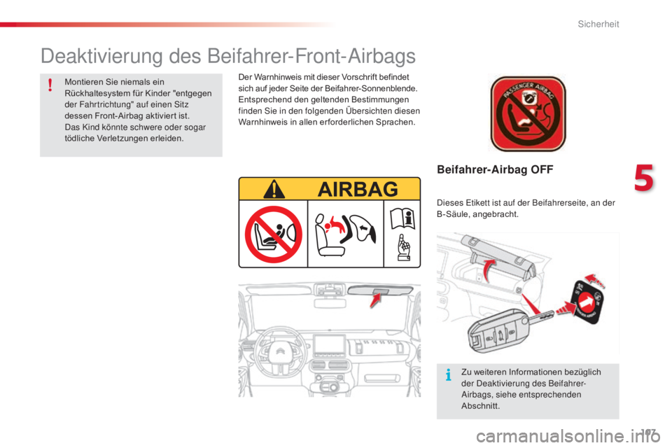 CITROEN C4 CACTUS 2018  Betriebsanleitungen (in German) 107
C4-cactus_de_Chap05_securite_ed01-2016
Beifahrer-Airbag OFF
Der Warnhinweis mit dieser Vorschrift befindet 
sich auf jeder Seite der Beifahrer-Sonnenblende.
Entsprechend den geltenden Bestimmungen