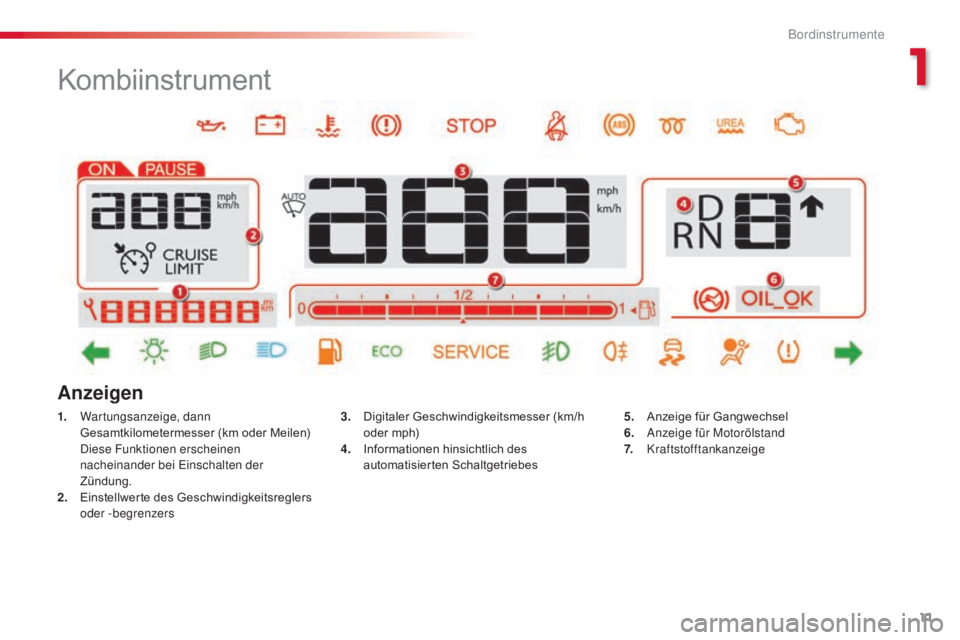CITROEN C4 CACTUS 2018  Betriebsanleitungen (in German) 11
C4-cactus_de_Chap01_Instruments-de-bord_ed01-2016
Kombiinstrument
1. Wartungsanzeige, dann 
Gesamtkilometermesser (km oder Meilen)
 Die

se Funktionen erscheinen 
nacheinander bei Einschalten der 
