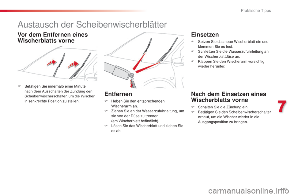 CITROEN C4 CACTUS 2018  Betriebsanleitungen (in German) 163
C4-cactus_de_Chap07_info-pratiques_ed01-2016
Austausch der Scheibenwischerblätter
F Betätigen Sie innerhalb einer Minute 
nach dem Ausschalten der Zündung den 
Scheibenwischerschalter, um die W