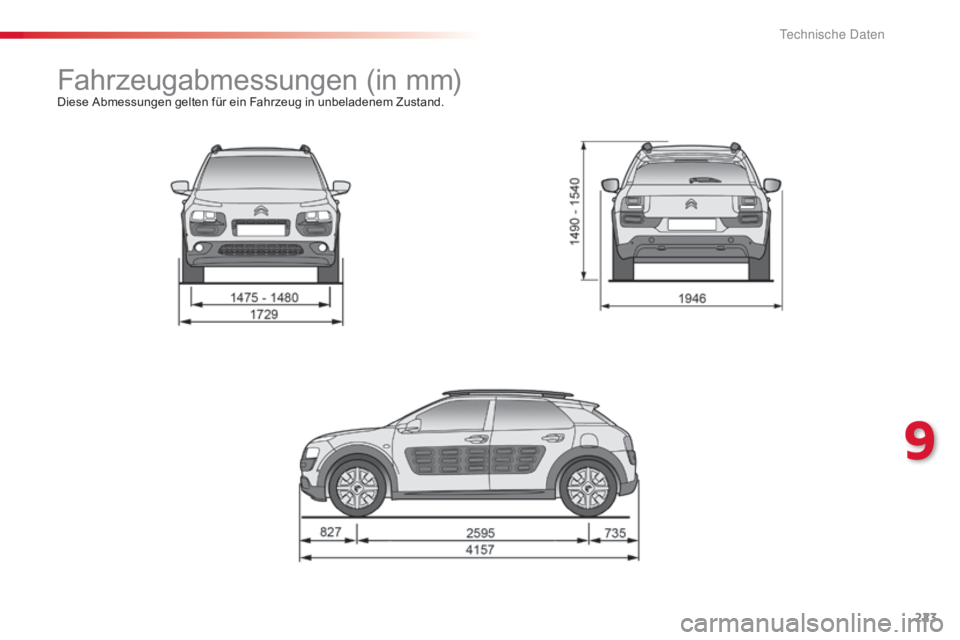 CITROEN C4 CACTUS 2018  Betriebsanleitungen (in German) 223
C4-cactus_de_Chap09_caracteristiques-techniques_ed01-2016
Fahrzeugabmessungen (in mm)Diese Abmessungen gelten für ein Fahrzeug in unbeladenem Zustand.
9 
T  