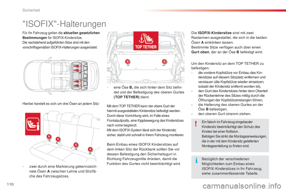 CITROEN C4 CACTUS 2016 Betriebsanleitungen (in German) 110
C4-cactus_de_Chap05_securite_ed01-2015
Für Ihr Fahrzeug gelten die aktuellen gesetzlichen
Bestimmungen für ISOFIX-Kindersitze.
Die nachstehend aufgeführten Sitze sind mit den
vorschriftsgem CITROEN C4 CACTUS 2016 Betriebsanleitungen (in German) 110
C4-cactus_de_Chap05_securite_ed01-2015
Für Ihr Fahrzeug gelten die aktuellen gesetzlichen
Bestimmungen für ISOFIX-Kindersitze.
Die nachstehend aufgeführten Sitze sind mit den
vorschriftsgem