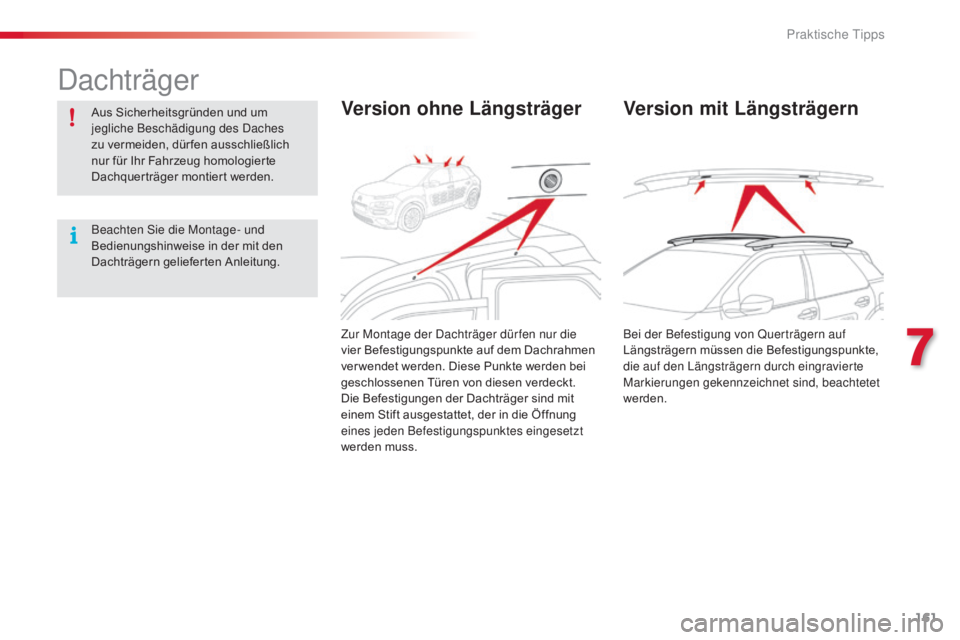 CITROEN C4 CACTUS 2016  Betriebsanleitungen (in German) 161
C4-cactus_de_Chap07_info-pratiques_ed01-2015
Dachträger
Aus Sicherheitsgründen und um 
jegliche Beschädigung des Daches 
zu vermeiden, dür fen ausschließlich 
nur für Ihr Fahrzeug homologier