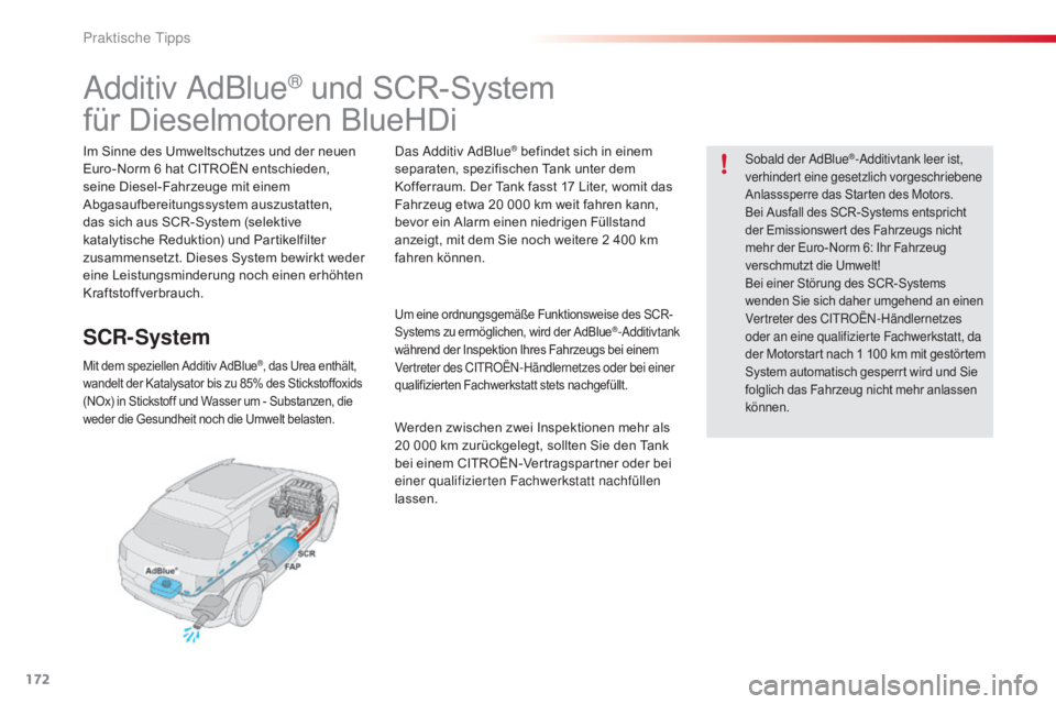 CITROEN C4 CACTUS 2016  Betriebsanleitungen (in German) 172
C4-cactus_de_Chap07_info-pratiques_ed01-2015
Additiv AdBlue® und SCR-System
für Dieselmotoren BlueHDi
Im Sinne des Umweltschutzes und der neuen 
Euro-Norm 6 hat CITROËN entschieden, 
seine Dies