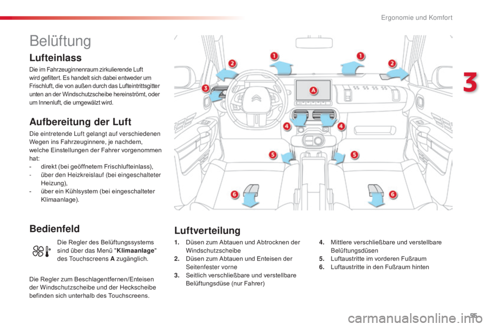 CITROEN C4 CACTUS 2016 Betriebsanleitungen (in German) 55
C4-cactus_de_Chap03_Ergonomie-et-confort_ed01-2015
Belüftung
Lufteinlass
Die im Fahrzeuginnenraum zirkulierende Luft
wird gefiltert. Es handelt sich dabei entweder um
Frischluft, die von außen CITROEN C4 CACTUS 2016 Betriebsanleitungen (in German) 55
C4-cactus_de_Chap03_Ergonomie-et-confort_ed01-2015
Belüftung
Lufteinlass
Die im Fahrzeuginnenraum zirkulierende Luft
wird gefiltert. Es handelt sich dabei entweder um
Frischluft, die von außen
