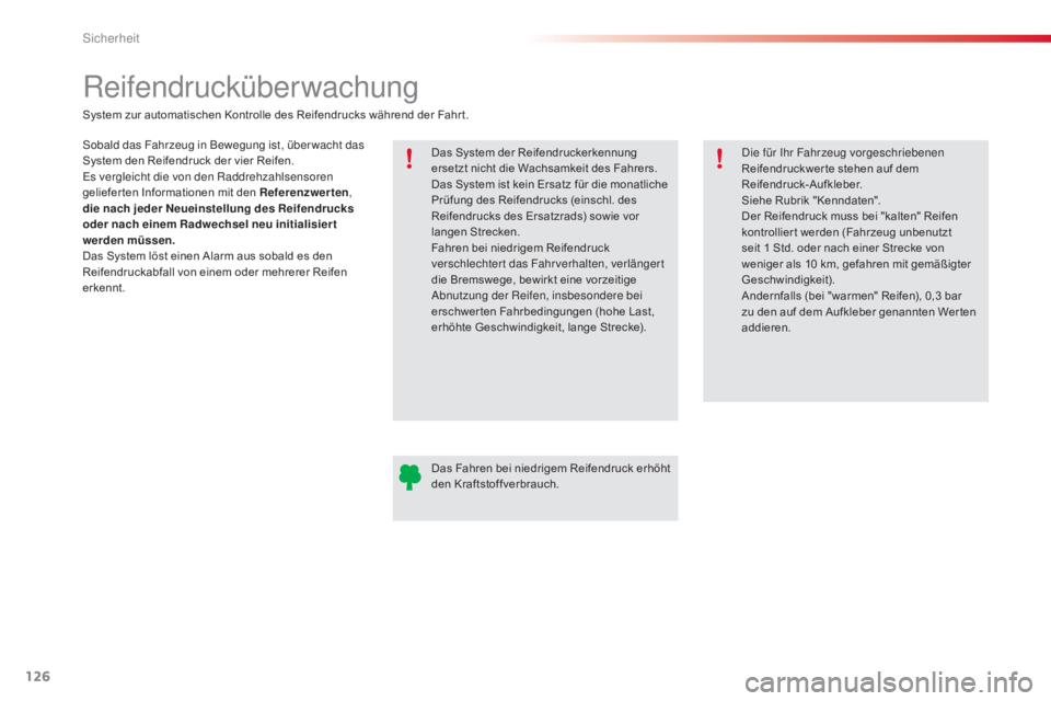 CITROEN C4 CACTUS 2015 Betriebsanleitungen (in German) 126
C4-cactus_de_Chap07_securite_ed02-2014
Reifendrucküberwachung
sobald das Fahrzeug in Bewegung ist, über wacht das
System den Reifendruck der vier Reifen.
es
vergleicht die von den Raddrehzahls CITROEN C4 CACTUS 2015 Betriebsanleitungen (in German) 126
C4-cactus_de_Chap07_securite_ed02-2014
Reifendrucküberwachung
sobald das Fahrzeug in Bewegung ist, über wacht das
System den Reifendruck der vier Reifen.
es
vergleicht die von den Raddrehzahls