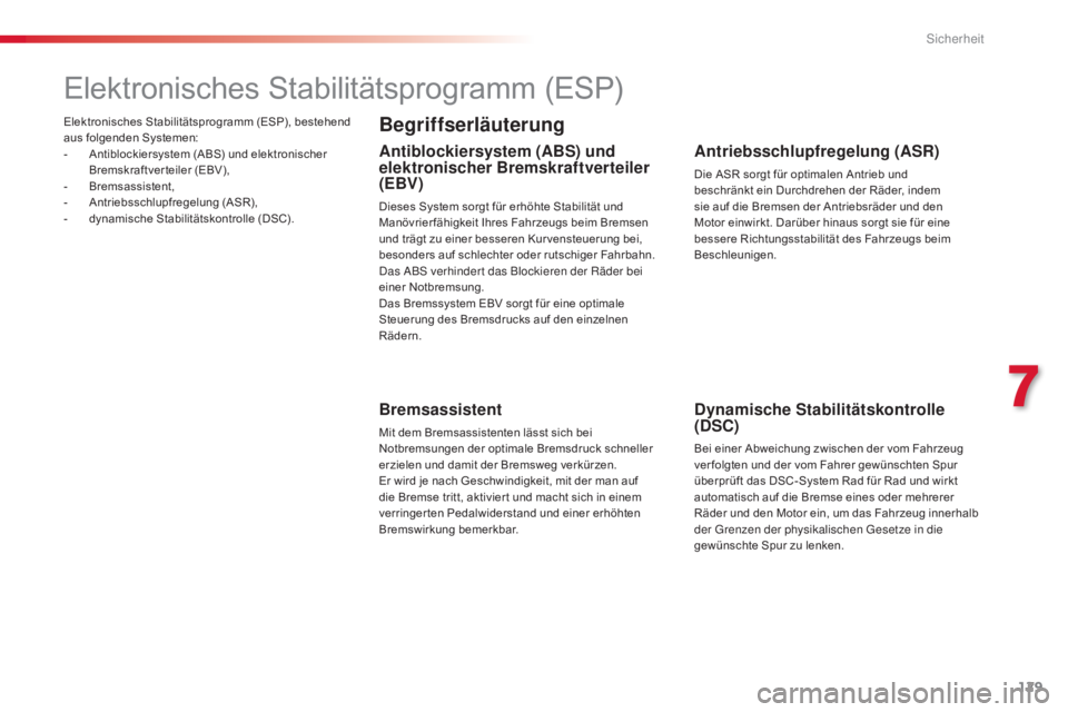 CITROEN C4 CACTUS 2015 Betriebsanleitungen (in German) 129
C4-cactus_de_Chap07_securite_ed02-2014
Elektronisches Stabilitätsprogramm (ESP), bestehend
aus folgenden Systemen:
-
A
ntiblockiersystem (ABS) und elektronischer
Bremskraftverteiler (EBV),
-
CITROEN C4 CACTUS 2015 Betriebsanleitungen (in German) 129
C4-cactus_de_Chap07_securite_ed02-2014
Elektronisches Stabilitätsprogramm (ESP), bestehend
aus folgenden Systemen:
-
A
ntiblockiersystem (ABS) und elektronischer
Bremskraftverteiler (EBV),
-