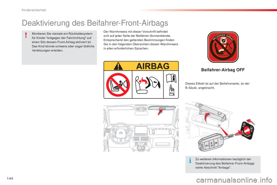 CITROEN C4 CACTUS 2015  Betriebsanleitungen (in German) 144
C4-cactus_de_Chap08_securite-enfants_ed02-2014
Beifahrer-Airbag OFF
Der Warnhinweis mit dieser Vorschrift befindet 
sich auf jeder Seite der Beifahrer-Sonnenblende. 
Entsprechend den geltenden Bes