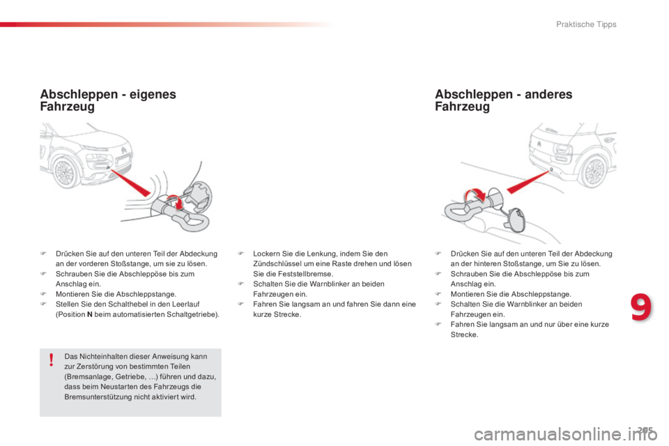 CITROEN C4 CACTUS 2015  Betriebsanleitungen (in German) 205
C4-cactus_de_Chap09_info-pratiques_ed02-2014
Abschleppen - anderes 
Fahrzeug
F  drücken si e auf den unteren  te il der  ab deckung 
an der hinteren Stoßstange, um Sie zu lösen.
F
 
S
 chrauben