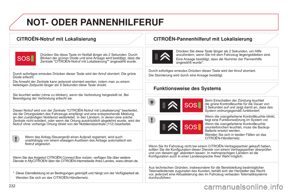 CITROEN C4 CACTUS 2015 Betriebsanleitungen (in German) 232
C4-Cactus_de_Chap12a_Bta_ed02-2014
NOT- ODER PANNENHILFERUF
CITROËN-Notruf mit Lokalisierung
Drücken Sie diese Taste im Notfall länger als 2 Sekunden. Durch
Blinken der grünen d iode und ei CITROEN C4 CACTUS 2015 Betriebsanleitungen (in German) 232
C4-Cactus_de_Chap12a_Bta_ed02-2014
NOT- ODER PANNENHILFERUF
CITROËN-Notruf mit Lokalisierung
Drücken Sie diese Taste im Notfall länger als 2 Sekunden. Durch
Blinken der grünen d iode und ei