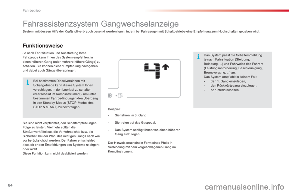 CITROEN C4 CACTUS 2015 Betriebsanleitungen (in German) 84
C4-cactus_de_Chap05_conduite_ed02-2014
Funktionsweise
Fahrassistenzsystem Gangwechselanzeige
System, mit dessen Hilfe der Kraftstoffverbrauch gesenkt werden kann, indem bei Fahrzeugen mit Schaltget CITROEN C4 CACTUS 2015 Betriebsanleitungen (in German) 84
C4-cactus_de_Chap05_conduite_ed02-2014
Funktionsweise
Fahrassistenzsystem Gangwechselanzeige
System, mit dessen Hilfe der Kraftstoffverbrauch gesenkt werden kann, indem bei Fahrzeugen mit Schaltget