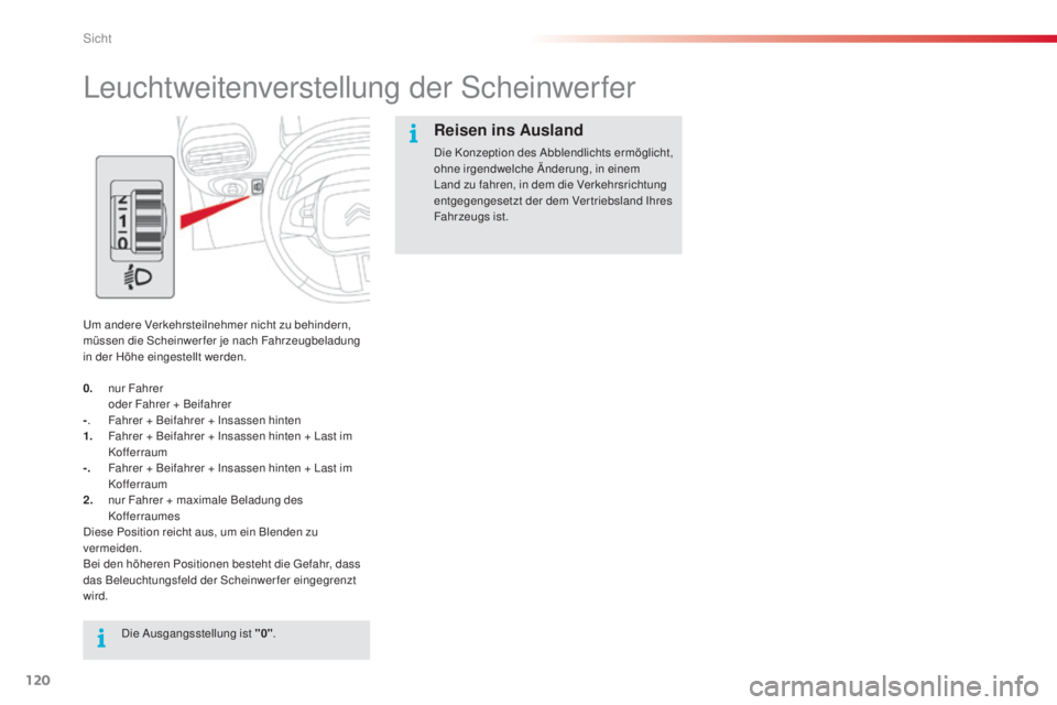 CITROEN C4 CACTUS 2014  Betriebsanleitungen (in German) 120
E3_de_Chap06_visibilite_ed01-2014
Leuchtweitenverstellung der Scheinwerfer
Um andere Verkehrsteilnehmer nicht zu behindern, 
müssen die Scheinwerfer je nach Fahrzeugbeladung 
in der Höhe eingest