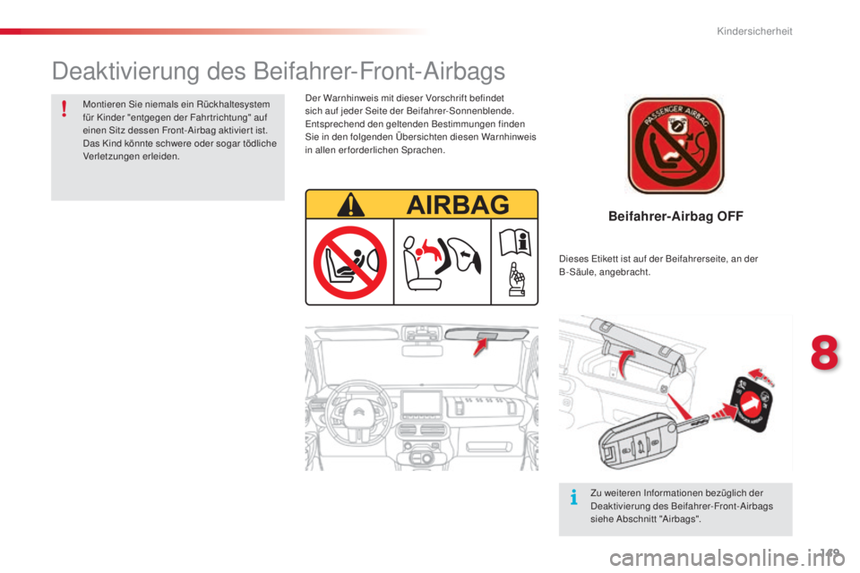CITROEN C4 CACTUS 2014  Betriebsanleitungen (in German) 149
E3_de_Chap08_securite_enfants_ed01-2014
Beifahrer-Airbag OFF
Der Warnhinweis mit dieser Vorschrift befindet 
sich auf jeder Seite der Beifahrer-Sonnenblende. 
Entsprechend den geltenden Bestimmung