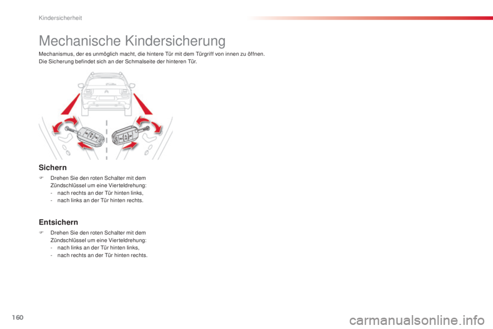 CITROEN C4 CACTUS 2014  Betriebsanleitungen (in German) 160
E3_de_Chap08_securite_enfants_ed01-2014
Mechanische Kindersicherung
Sichern
F Drehen Sie den roten Schalter mit dem Zündschlüssel um eine Vierteldrehung:
-
 
n
 ach rechts an der Tür hinten lin