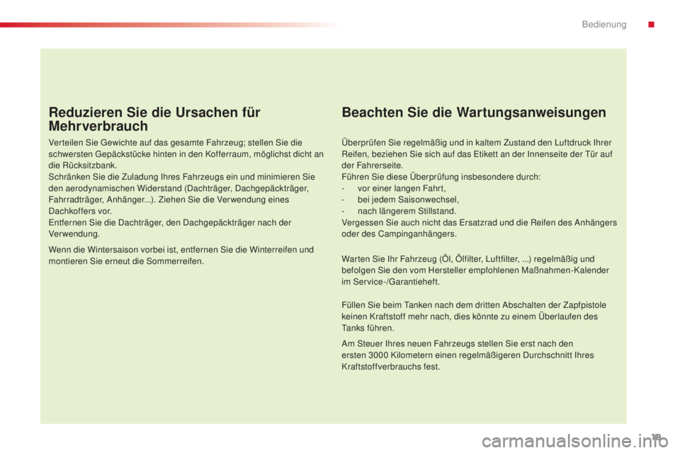 CITROEN C4 CACTUS 2014 Betriebsanleitungen (in German) 19
E3_de_Chap00b_prise-en-main_ed01-2014
Reduzieren Sie die Ursachen für
Mehrverbrauch
Verteilen Sie Gewichte auf das gesamte Fahrzeug; stellen Sie die
schwersten Gepäckstücke hinten in den Koffe CITROEN C4 CACTUS 2014 Betriebsanleitungen (in German) 19
E3_de_Chap00b_prise-en-main_ed01-2014
Reduzieren Sie die Ursachen für
Mehrverbrauch
Verteilen Sie Gewichte auf das gesamte Fahrzeug; stellen Sie die
schwersten Gepäckstücke hinten in den Koffe