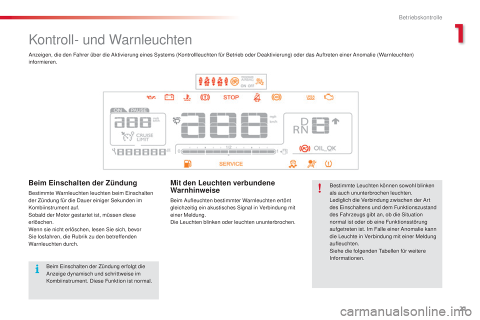 CITROEN C4 CACTUS 2014 Betriebsanleitungen (in German) 21
E3_de_Chap01_controle-de-marche_ed01-2014
Kontroll- und Warnleuchten
Bestimmte Leuchten können sowohl blinken
als auch ununterbrochen leuchten.
Lediglich die Verbindung zwischen der Ar t
des Ein CITROEN C4 CACTUS 2014 Betriebsanleitungen (in German) 21
E3_de_Chap01_controle-de-marche_ed01-2014
Kontroll- und Warnleuchten
Bestimmte Leuchten können sowohl blinken
als auch ununterbrochen leuchten.
Lediglich die Verbindung zwischen der Ar t
des Ein