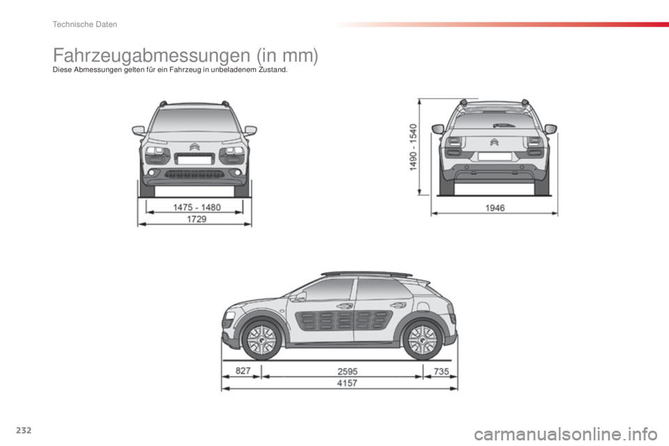 CITROEN C4 CACTUS 2014  Betriebsanleitungen (in German) 232
E3_de_Chap11_caracteristiques_techniques_ed01-2014
Fahrzeugabmessungen (in mm)Diese Abmessungen gelten für ein Fahrzeug in unbeladenem Zustand. 
Technische Daten  