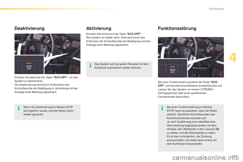 CITROEN C5 2016  Betriebsanleitungen (in German) 117
C5_de_Chap04_conduite_ed01-2015
Aktivierung
drücken si e erneut auf die  ta ste "ECO OFF".
Das System ist wieder aktiv. Dies wird durch das 
Erlöschen der Kontrollleuchte der Betätigung