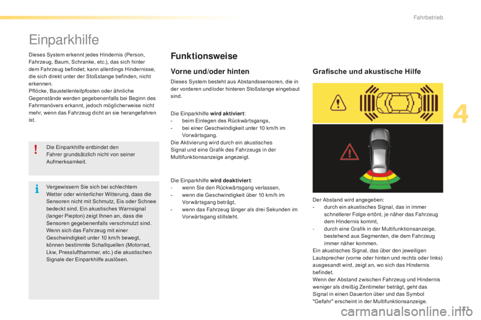 CITROEN C5 2016  Betriebsanleitungen (in German) 131
C5_de_Chap04_conduite_ed01-2015
einparkhilfe
Funktionsweise
die einparkhilfe entbindet den 
Fahrer grundsätzlich nicht von seiner 
Aufmerksamkeit.
Dieses System erkennt jedes Hindernis (Person, 
