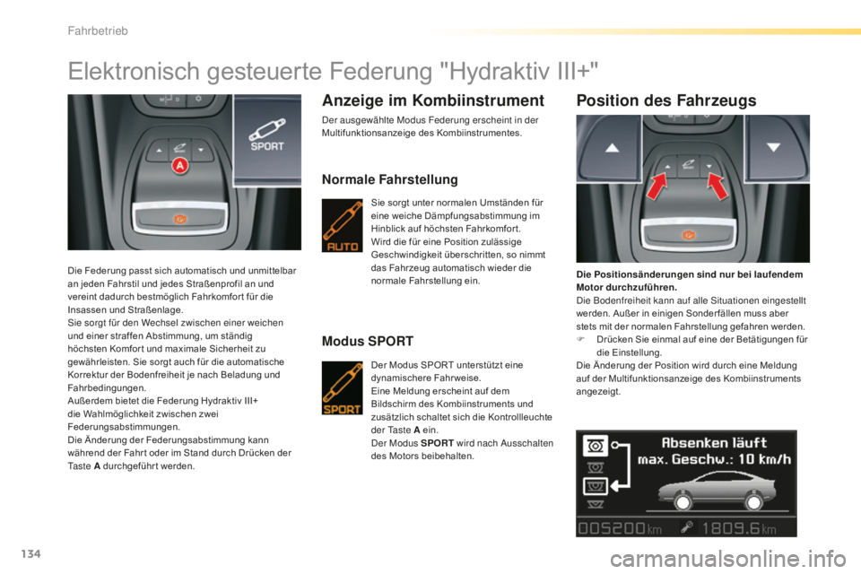 CITROEN C5 2016  Betriebsanleitungen (in German) 134
C5_de_Chap04_conduite_ed01-2015
Elektronisch gesteuerte Federung "Hydraktiv III+"
Die Federung passt sich automatisch und unmittelbar 
an jeden Fahrstil und jedes Straßenprofil an und 
ve