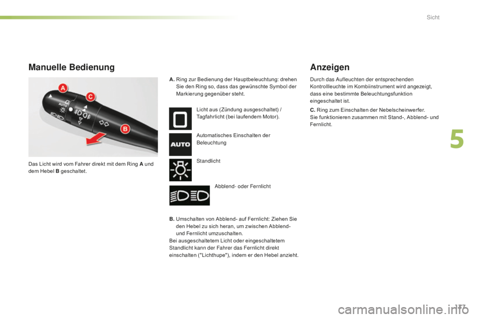 CITROEN C5 2016  Betriebsanleitungen (in German) 137
C5_de_Chap05_visibilite_ed01-2015
Manuelle Bedienung
Licht aus (Zündung ausgeschaltet) /
Tagfahrlicht (bei laufendem Motor).
Automatisches Einschalten der 
Beleuchtung
st
andlicht
abble

nd- oder