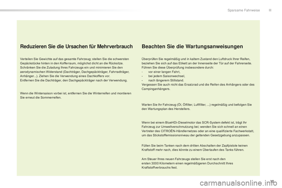 CITROEN C5 2016  Betriebsanleitungen (in German) 13
C5_de_Chap00c_eco-conduite_ed01-2015
Reduzieren Sie die Ursachen für Mehrverbrauch
Ver teilen Sie Gewichte auf das gesamte Fahrzeug; stellen Sie die schwersten 
Gepäckstücke hinten in den Koffer