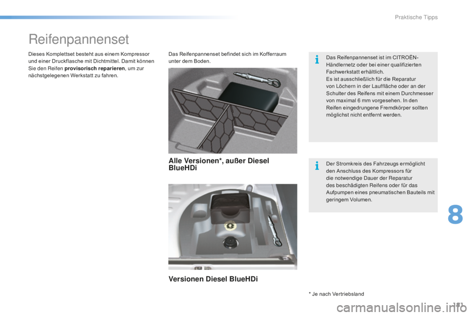 CITROEN C5 2016  Betriebsanleitungen (in German) 181
C5_de_Chap08_information_ed01-2015
Reifenpannenset
Das Reifenpannenset befindet sich im Kofferraum 
unter dem Boden.
Dieses Komplettset besteht aus einem Kompressor 
und einer Druckflasche mit Dic