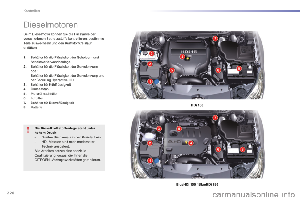 CITROEN C5 2016  Betriebsanleitungen (in German) 226
C5_de_Chap09_verification_ed01-2015
Dieselmotoren
HDi 160
BlueHDi 150   / BlueHDi 180
Beim Dieselmotor können Sie die Füllstände der 
verschiedenen Betriebsstoffe kontrollieren, bestimmte 
Teil