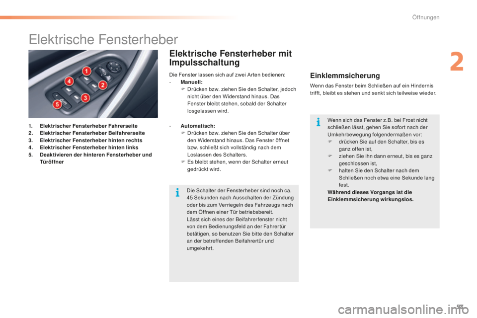 CITROEN C5 2016  Betriebsanleitungen (in German) 53
C5_de_Chap02_ouverture_ed01-2015
elektrische Fensterheber
1. Elektrischer Fensterheber Fahrerseite
2. E lektrischer Fensterheber Beifahrerseite
3.
 E

lektrischer Fensterheber hinten rechts
4.
 E

