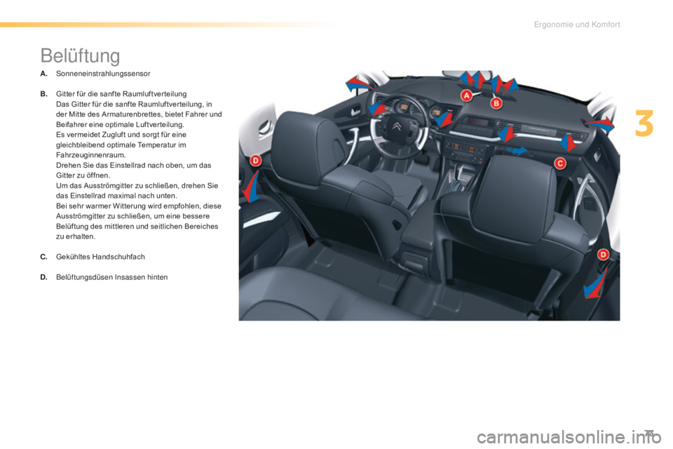 CITROEN C5 2016  Betriebsanleitungen (in German) 73
C5_de_Chap03_ergo-et-confort_ed01-2015
Belüftung
A. sonneneinstrahlungssensor
B.
 G
itter für die sanfte Raumluftver teilung 
Das Gitter für die sanfte Raumluftver teilung, in 
der Mitte des Arm
