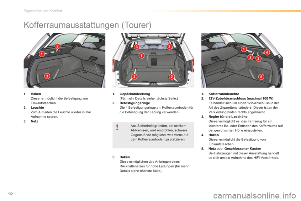 CITROEN C5 2016  Betriebsanleitungen (in German) 92
C5_de_Chap03_ergo-et-confort_ed01-2015
Kofferraumausstattungen (Tourer)
1. Haken  D
ieser ermöglicht die Befestigung von 
Einkaufstaschen.
2.
 L

euchte  
 Z

um Aufladen die Leuchte wieder in ihr