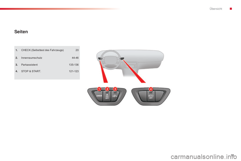 CITROEN C5 2015  Betriebsanleitungen (in German) 11
C5_de_Chap00b_vue-ensemble_ed01-2014
Seiten
1. CHECK (Selbsttest des Fahrzeugs)
2.
 In
 nenraumschutz
3.
 P

arkassistent
4.
 S

TOP & START. 20
121-123 44-46
135-136
. 
Übersicht  