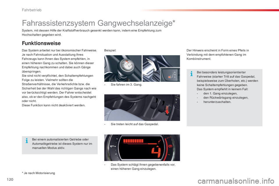 CITROEN C5 2015  Betriebsanleitungen (in German) 120
C5_de_Chap04_conduite_ed01-2014
System, mit dessen Hilfe der Kraftstoffverbrauch gesenkt werden kann, indem eine Empfehlung zum 
Hochschalten gegeben wird.
Das System arbeitet nur bei ökonomische