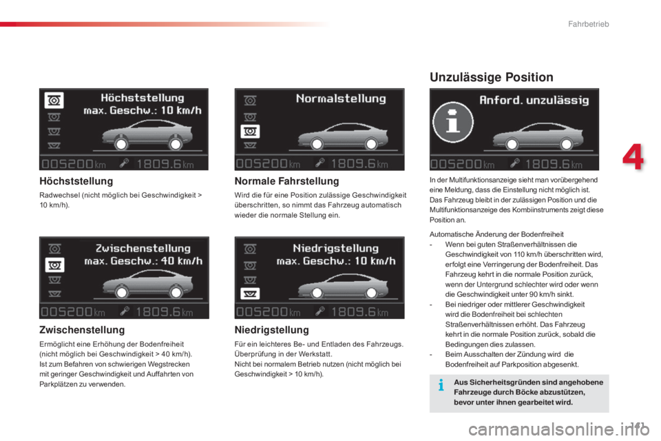 CITROEN C5 2015  Betriebsanleitungen (in German) 141
C5_de_Chap04_conduite_ed01-2014
Unzulässige Position
In der Multifunktionsanzeige sieht man vorübergehend 
eine Meldung, dass die Einstellung nicht möglich ist.
Das Fahrzeug bleibt in der zulä