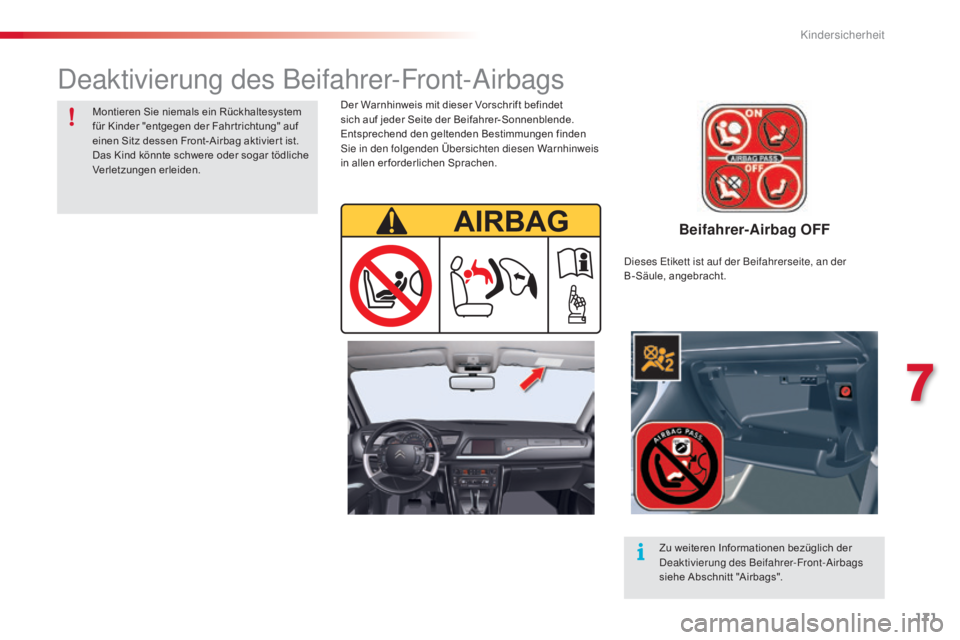 CITROEN C5 2015  Betriebsanleitungen (in German) 171
C5_de_Chap07_securite-enfant_ed01-2014
Beifahrer-Airbag OFF
Der Warnhinweis mit dieser Vorschrift befindet 
sich auf jeder Seite der Beifahrer-Sonnenblende. 
Entsprechend den geltenden Bestimmunge