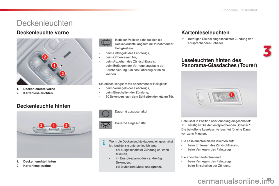 CITROEN C5 2015  Betriebsanleitungen (in German) 83
C5_de_Chap03_ergo-et-confort_ed01-2014
Kartenleseleuchten
F Betätigen si e bei eingeschalteter Zündung den 
entsprechenden Schalter.
Leseleuchten hinten des 
Panorama-Glasdaches (Tourer)
Schlüss