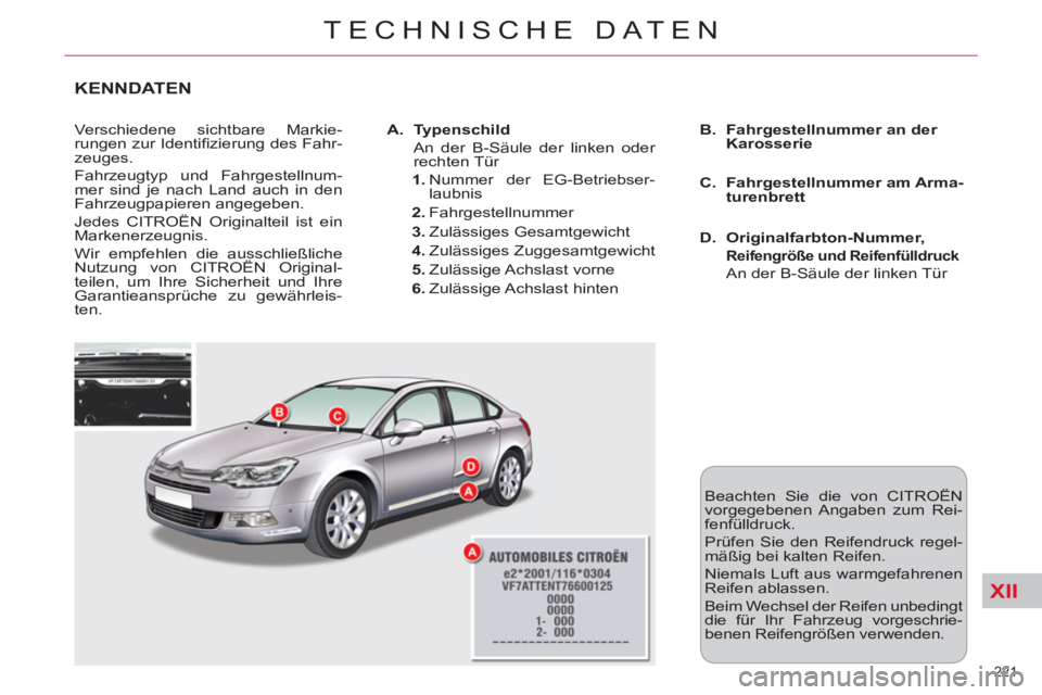 CITROEN C5 2014  Betriebsanleitungen (in German) XII
221 
TECHNISCHE DATEN
KENNDATEN 
  Verschiedene sichtbare Markie-
rungen zur Identiﬁ zierung des Fahr-
zeuges. 
  Fahrzeugtyp und Fahrgestellnum-
mer sind je nach Land auch in den 
Fahrzeugpapie