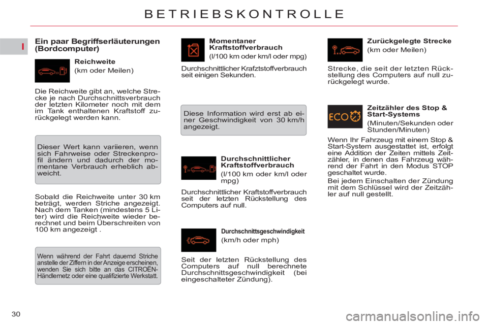 CITROEN C5 2014  Betriebsanleitungen (in German) I
30
BETRIEBSKONTROLLE
   
 
 
 
 
 
Ein paar Begriffserläuterungen 
(Bordcomputer) 
   
Reichweite 
  (km oder Meilen)    
Momentaner 
Kraftstoffverbrauch   (l/100 km oder km/l oder mpg) 
 
 
Durchs