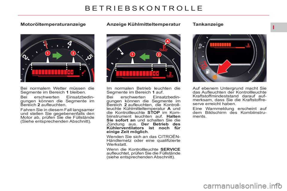 CITROEN C5 2014  Betriebsanleitungen (in German) I
41 
BETRIEBSKONTROLLE
   
 
 
 
 
 
 
 
 
 
 
 
 
 
 
Motoröltemperaturanzeige 
 
Bei normalem Wetter müssen die 
Segmente im Bereich  1  
bleiben. 
  Bei erschwerten Einsatzbedin-
gungen können 