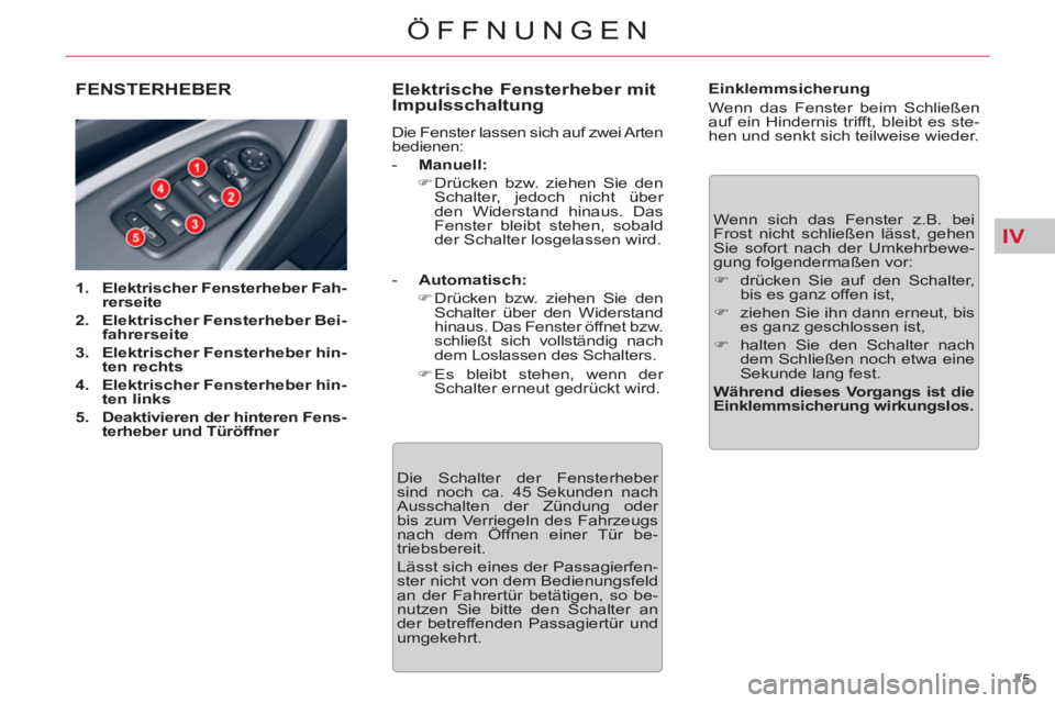 CITROEN C5 2014  Betriebsanleitungen (in German) IV
75 
ÖFFNUNGEN
FENSTERHEBER
   
 
1. 
  Elektrischer Fensterheber Fah-
rerseite   
   
2. 
  Elektrischer Fensterheber Bei-
fahrerseite 
 
   
3. 
  Elektrischer Fensterheber hin-
ten rechts 
 
   