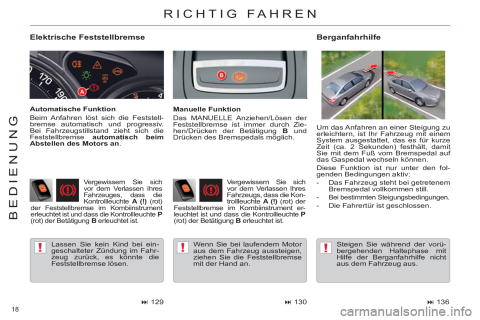 CITROEN C5 2012 Betriebsanleitungen (in German) !!!
18
BEDIENUNG
Elektrische Feststellbremse
Lassen Sie kein Kind bei ein-
geschalteter Zündung im Fahr-
zeug zurück, es könnte die
Feststellbremse lösen.
Berganfahrhilfe
Manue CITROEN C5 2012 Betriebsanleitungen (in German) !!!
18
BEDIENUNG
Elektrische Feststellbremse
Lassen Sie kein Kind bei ein-
geschalteter Zündung im Fahr-
zeug zurück, es könnte die
Feststellbremse lösen.
Berganfahrhilfe
Manue