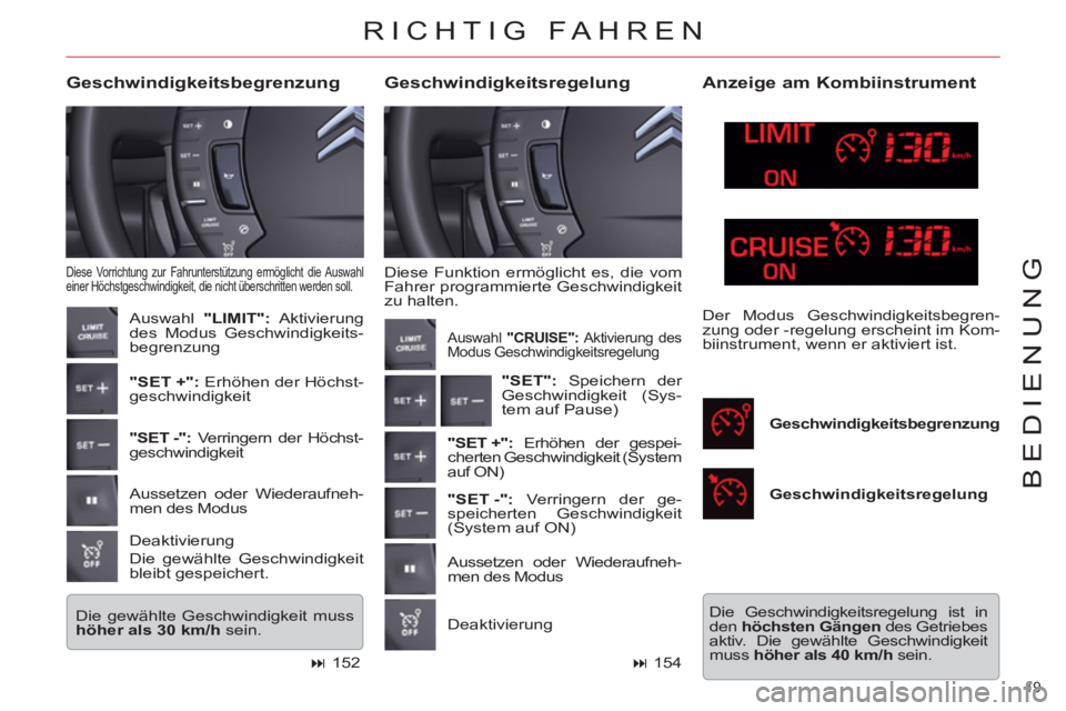 CITROEN C5 2012 Betriebsanleitungen (in German) 19
BEDIENUNG
Diese Funktion ermöglicht es, die vom
Fahrer programmierte Geschwindigkeit
zu halten.
Geschwindigkeitsregelung
Geschwindigkeitsbegrenzung
Diese Vorrichtung zur Fahrunte CITROEN C5 2012 Betriebsanleitungen (in German) 19
BEDIENUNG
Diese Funktion ermöglicht es, die vom
Fahrer programmierte Geschwindigkeit
zu halten.
Geschwindigkeitsregelung
Geschwindigkeitsbegrenzung
Diese Vorrichtung zur Fahrunte