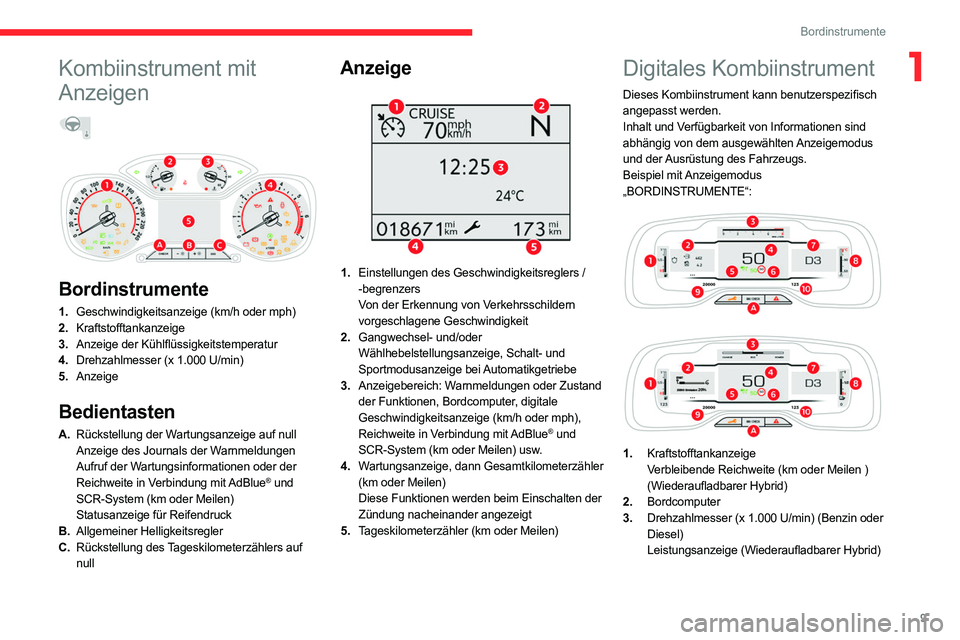 CITROEN C5 AIRCROSS 2022 Betriebsanleitungen (in German) 9
Bordinstrumente
1Kombiinstrument mit
Anzeigen
Bordinstrumente
1. Geschwindigkeitsanzeige (km/h oder mph)
2. Kraftstofftankanzeige
3. Anzeige der Kühlflüssigkeitstemperatur
4. Drehzahlmesse CITROEN C5 AIRCROSS 2022 Betriebsanleitungen (in German) 9
Bordinstrumente
1Kombiinstrument mit
Anzeigen
Bordinstrumente
1. Geschwindigkeitsanzeige (km/h oder mph)
2. Kraftstofftankanzeige
3. Anzeige der Kühlflüssigkeitstemperatur
4. Drehzahlmesse