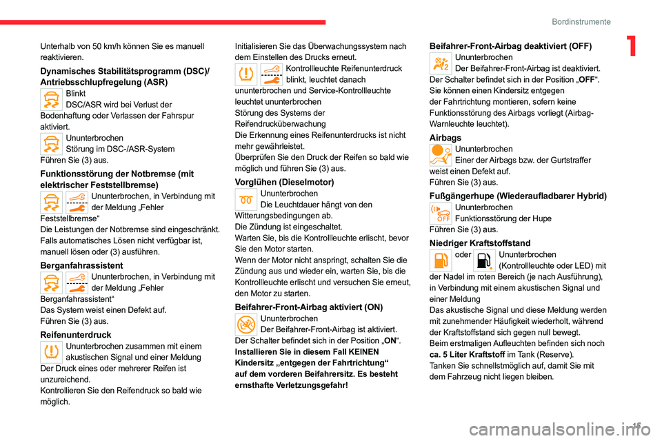 CITROEN C5 AIRCROSS 2022 Betriebsanleitungen (in German) 15
Bordinstrumente
1Unterhalb von 50 km/h können Sie es manuell
reaktivieren.
Dynamisches Stabilitätsprogramm (DSC)/
Antriebsschlupfregelung (ASR)
Blinkt DSC/ASR wird bei Verlust der
Bodenhaftung CITROEN C5 AIRCROSS 2022 Betriebsanleitungen (in German) 15
Bordinstrumente
1Unterhalb von 50 km/h können Sie es manuell
reaktivieren.
Dynamisches Stabilitätsprogramm (DSC)/
Antriebsschlupfregelung (ASR)
Blinkt DSC/ASR wird bei Verlust der
Bodenhaftung