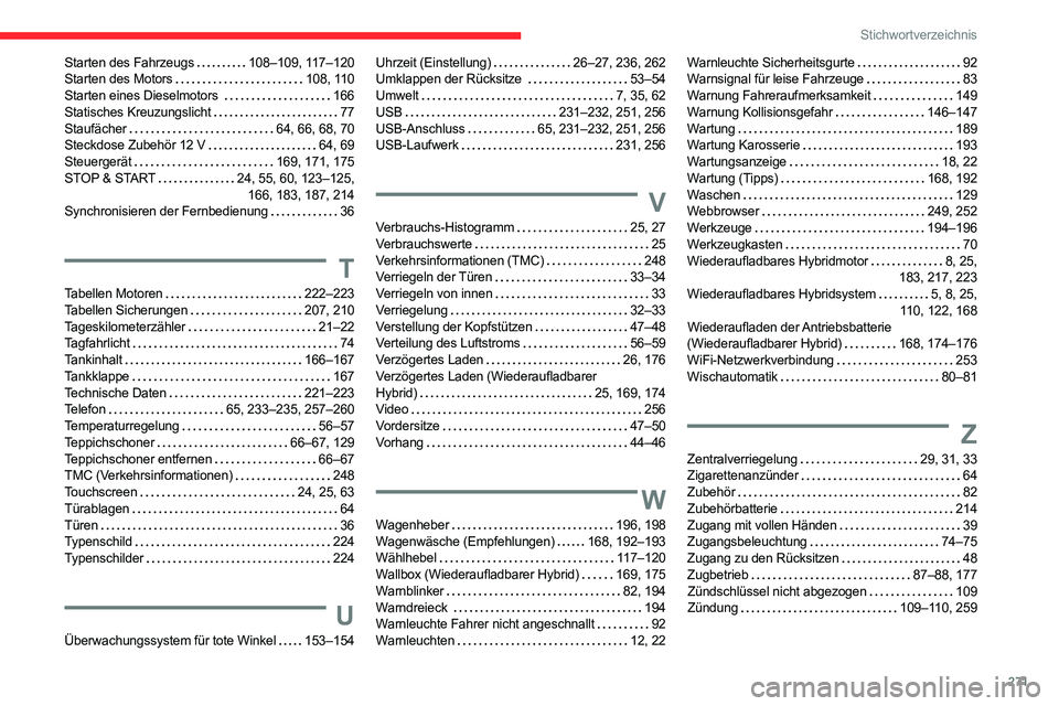 CITROEN C5 AIRCROSS 2022  Betriebsanleitungen (in German) 271
Stichwortverzeichnis
Starten des Fahrzeugs    108–109, 117–120
Starten des Motors     
108, 110
Starten eines Dieselmotors 
   
166
Statisches Kreuzungslicht
   
77
Staufächer
    
64, 66, 68